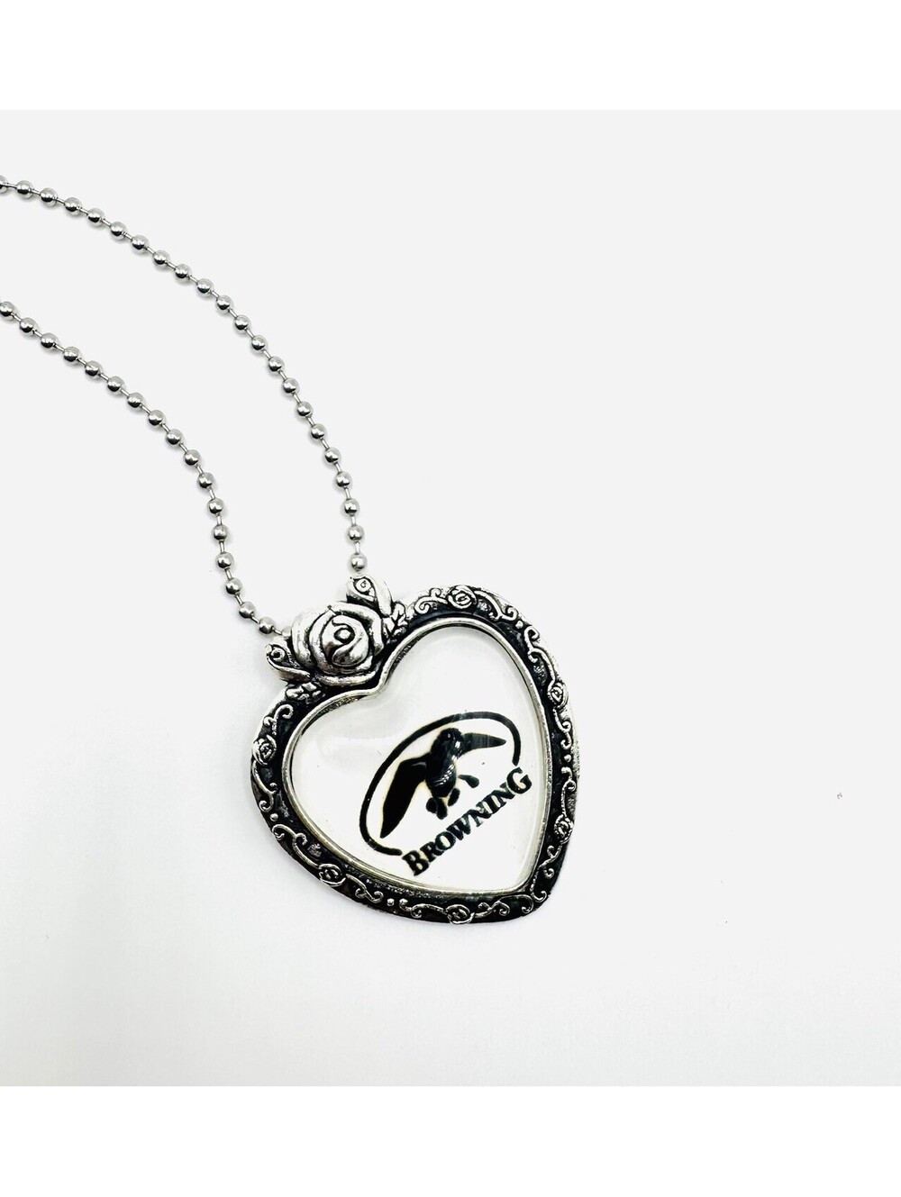 Vintage Browning Heart Pendant Necklace Silver Tone Western Cabochon Ball Chain